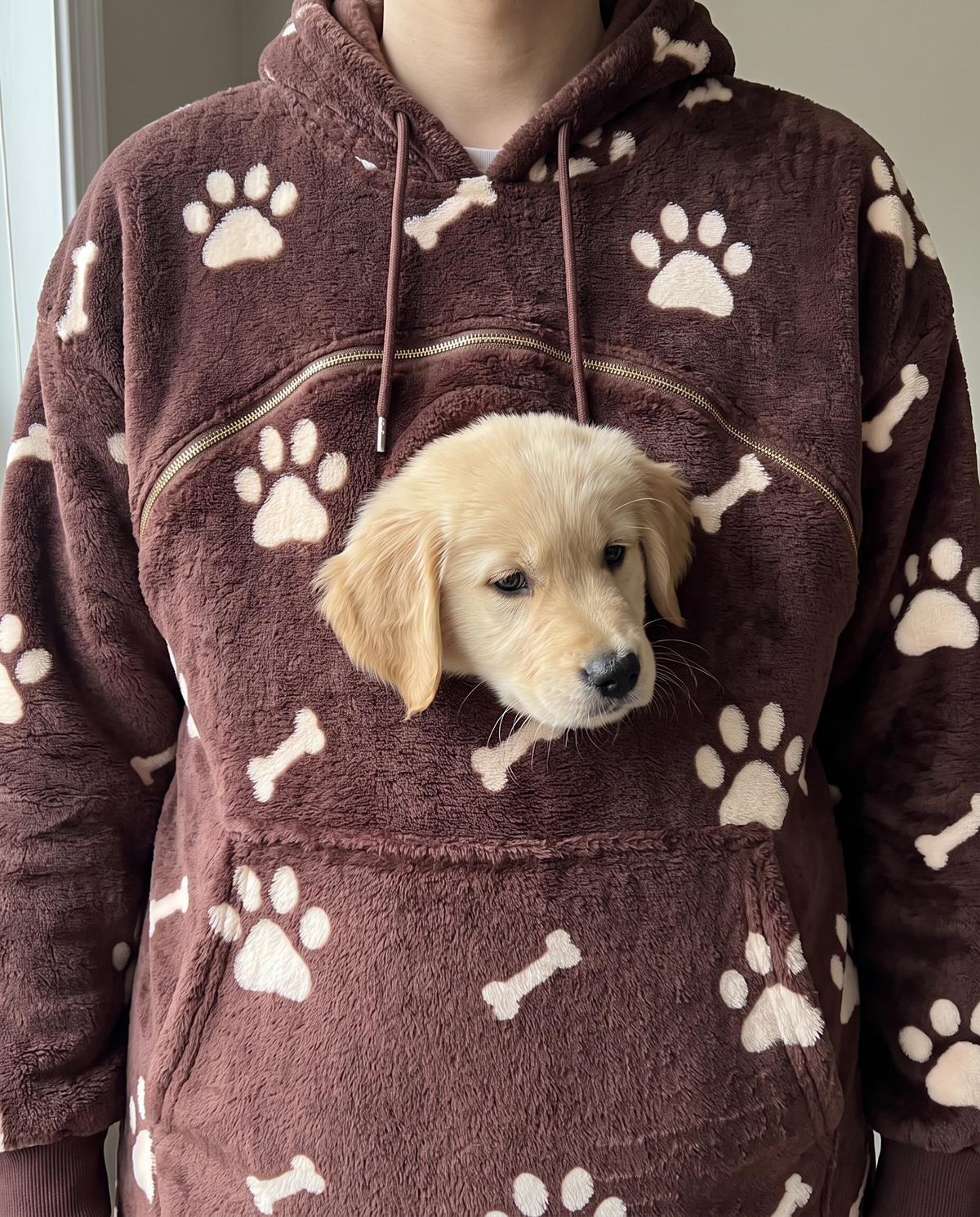 Puppy peeking out of the hoodie pouch porthole
